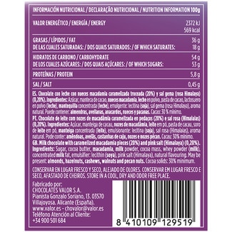 Chocolate con leche y nueces de macadamia caramelizadas con sal sin gluten tableta 200 g - Valor