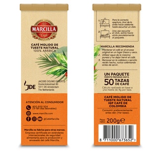 Café molido natural Colombia puro arábica intensidad 8 paquete 200 g - Marcilla