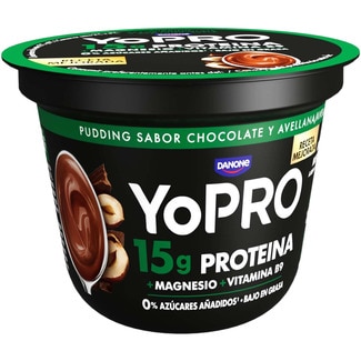 DANONE YOPRO Chocolate and hazelnut flavour pudding with proteins 0% added sugar, low fat container 150 g