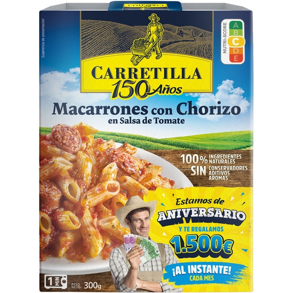 macarrones con chorizo en salsa de tomate envase 300 g neto escurrido