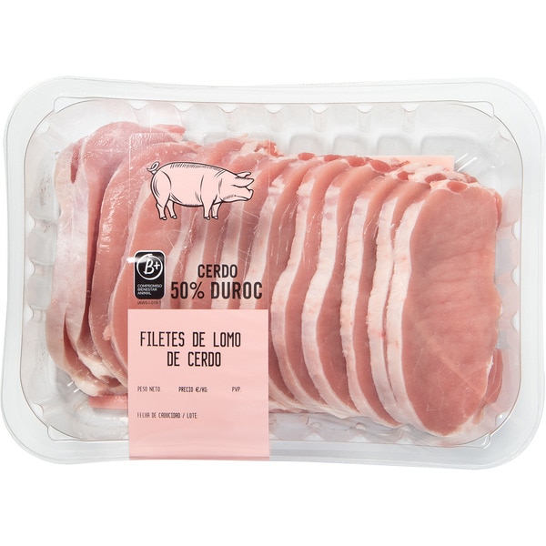 Lomo fresco de cerdo en filetes 50% Duroc peso aproximado bandeja 600 g