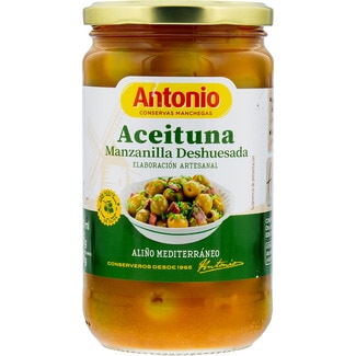 ANTONIO aceitunas variedad manzanilla deshuesadas con aliño mediterráneo sin gluten frasco 250 g neto escurrido