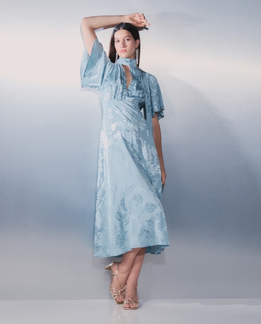 Vestido manga capa midi jacquard