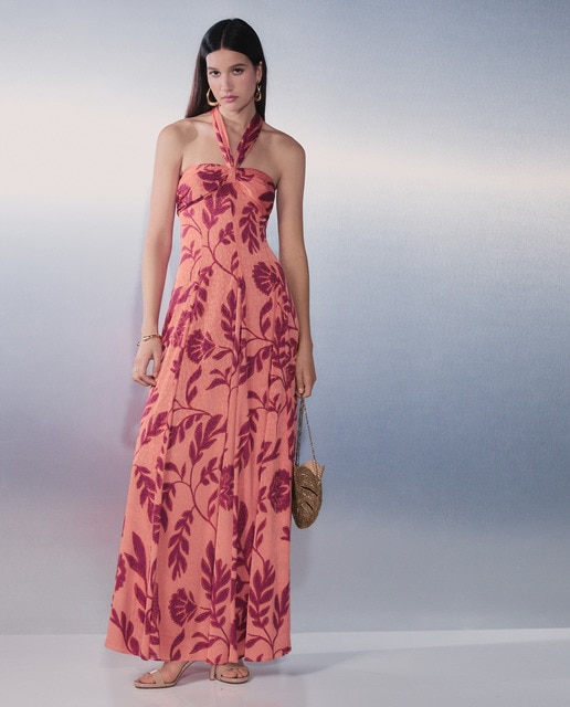 Vestido escote corazón y halter estampado Jacquard de mujer