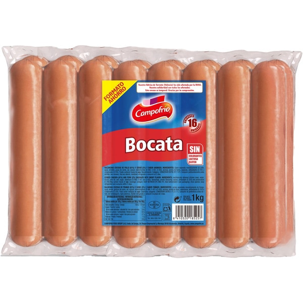 Bocata salchichas cocidas de cerdo y pollo sin gluten sin lactosa 16 piezas envase 1 kg