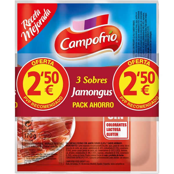 Jamongus salchichas cocidas de cerdo y pollo con jamón curado sabor ahumado sin gluten sin lactosa pack 3 x 170 g envase 510 g