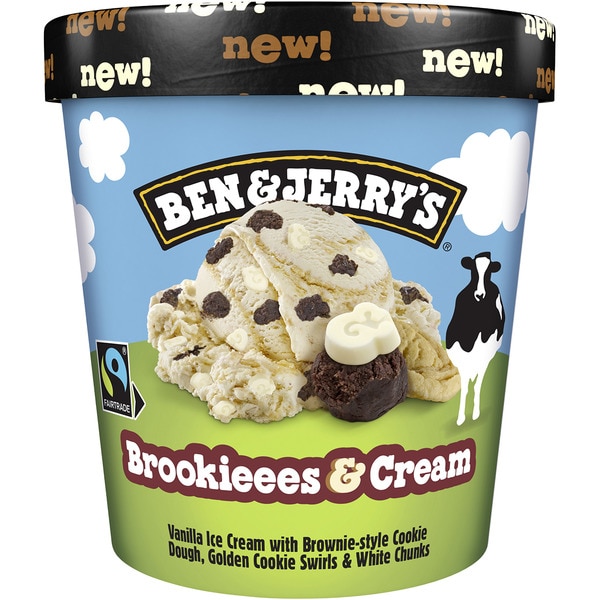 Vanilla cream ice cream with cocoa biscuit chunks, biscuit sauce swirl tub 465 ml and caramel pieces