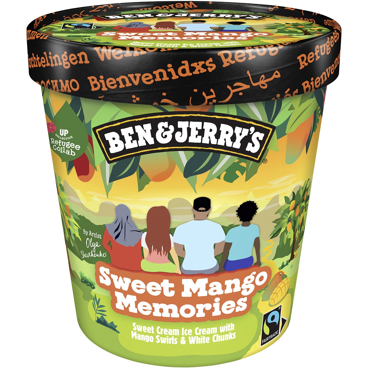 helado crema nata con salsa de mango y piezas sabor chocolate blanco