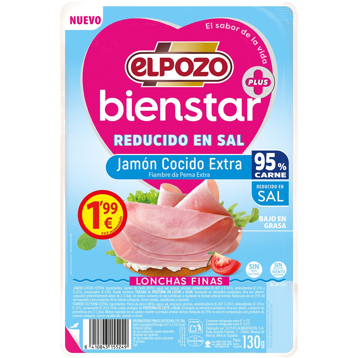 BienStar jamón cocido extra bajo en grasa reducido en sal en lonchas finas envase 120 g sin gluten y sin lactosa - Elpozo