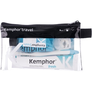KEMPHOR travel size dental kit with fluoride mouthwash 50 ml + dental floss 10 m + brush + fluoride toothpaste 25 ml