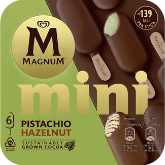 MAGNUM Mini chocolate covering ice cream with hazelnuts and pistachios 6-pack case 330 ml
