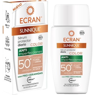 ECRAN Sunnique getöntes Sonnenschutzserum für das Gesicht LSF-50+ wasserfest Dosierspender 40 ml flüssige und leichte Textur