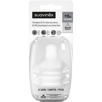 SUAVINEX SX Pro physiological silicone teat with very dense flow for babies 6+ months 2 units with anti-colic system