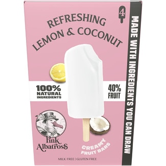 PINK ALBATROSS Coconut + lemon creamy sorbet popsicle 100% plant-based gluten-free 4-pack case 260 ml