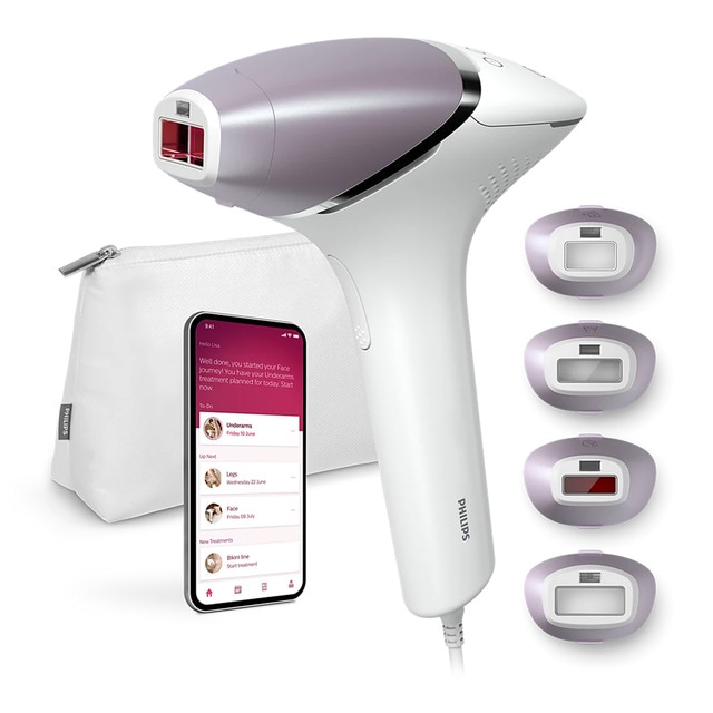 Depiladora IPL Philips Lumea Serie 8000, depilación permanente, luz pulsada, 4 cabezales,  cara y cuerpo, sensor de piel inteligente