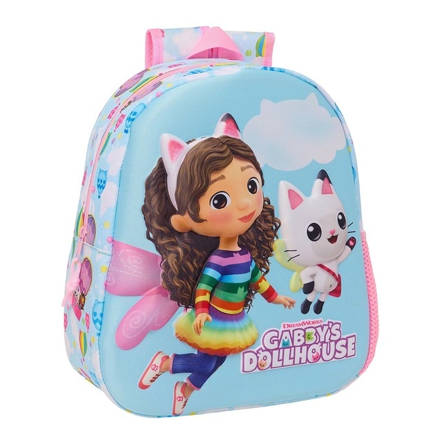 Mochila 3D Gabby's Dollhouse Safta celeste y rosa.