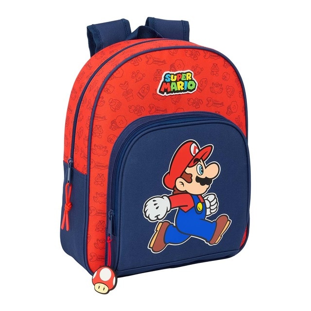 Mochila infantil adaptable a carro Super Mario Bros Safta azul oscuro y rojo.