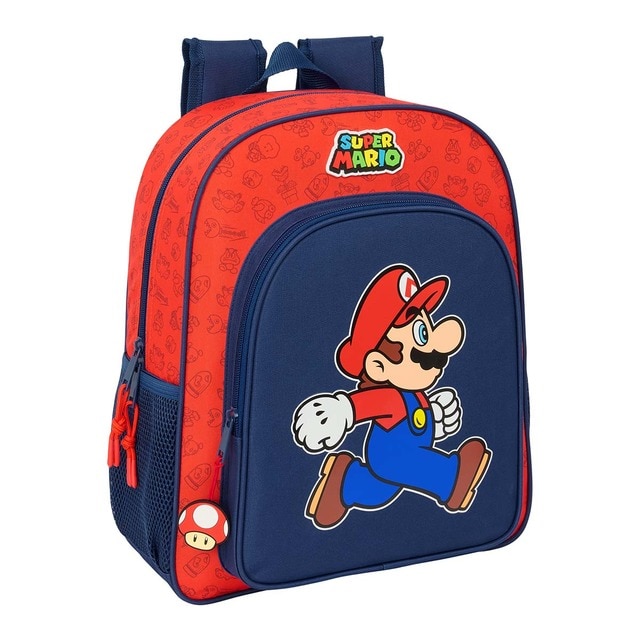Mochila junior adaptable a carro Super Mario Bros Safta azul oscuro y rojo.