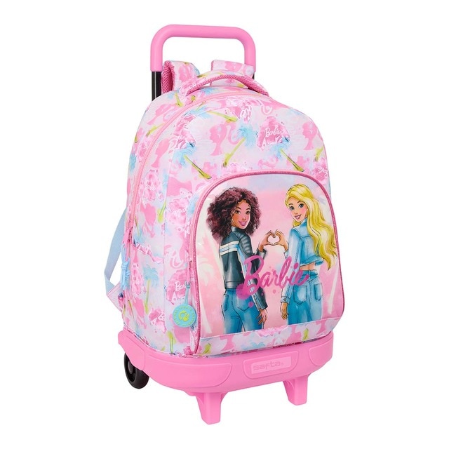 Mochila grande con ruedas compact extraible Barbie Safta rosa y celeste.
