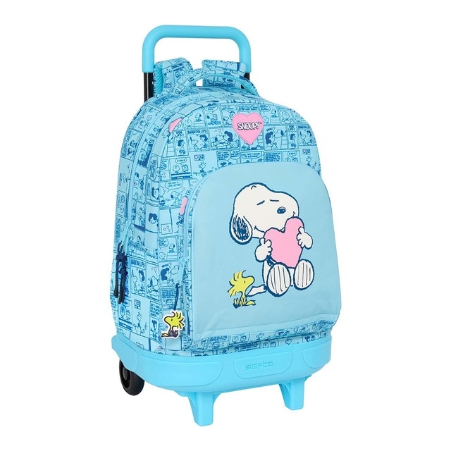 Mochila grande con ruedas compact extraible Snoopy Safta azul claro.