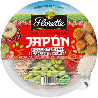 FLORETTE ensalada Sabores del Mundo Japón con pollo teriyaki, edamame y arroz tarrina 250 g con salsa asiática con sésamo