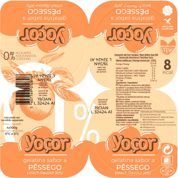 Gelatina com Sabor a Pêssego 0% Açúcares Pack 4 embalagem 100 g