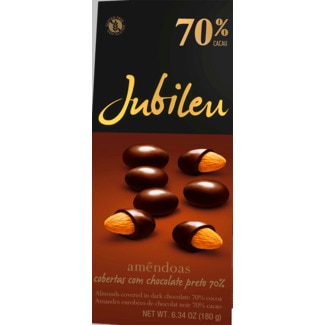 Jubileu Amêndoas Cobertas com Chocolate Preto 70% Cacau embalagem 180 g