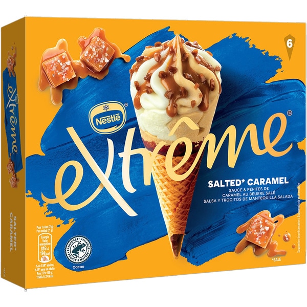 cono de helado de vainilla con salsa de caramelo y pepitas de mantequilla salada estuche 660 ml 6 unidades
