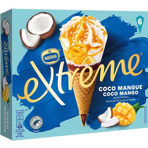 Mango and coconut ice cream cone with passion fruit sauce case 660 ml 6 servings