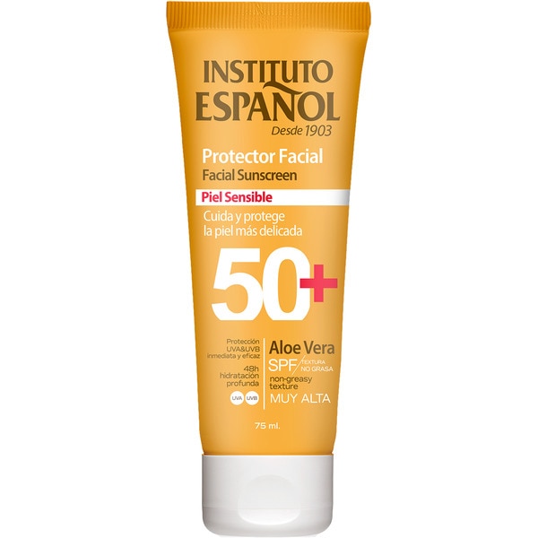 protector solar facial para piel sensible SPF-50+ protección muy alta con aloe vera tubo 75 ml
