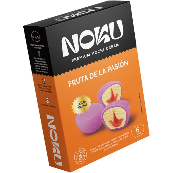 Mochi de crema helada de mango con corazón de fruta de la pasión estuche 6 unidades envuelta en suave masa de arroz sin gluten