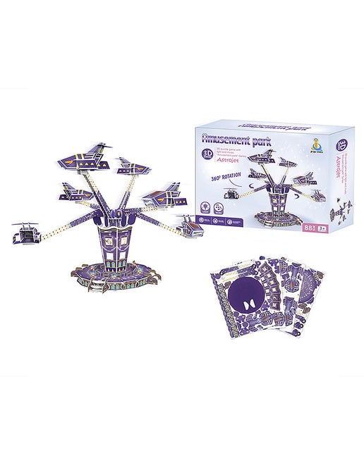Puzzle 3D de cartón de la atracción AstroJet con luces y música. 88 piezas.