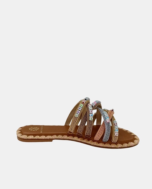 DE SIENA - Sandalia plana de mujer con cordones en algodón decorada con abalorios.