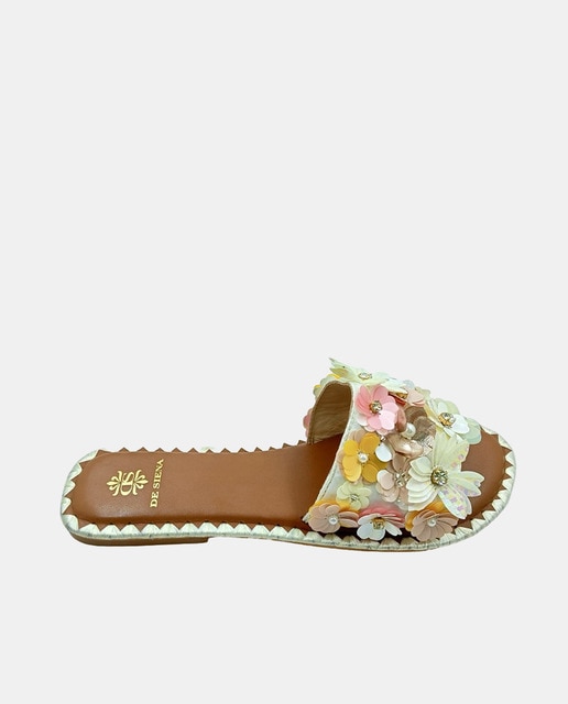 DE SIENA - Sandalia plana de mujer con banda de viscosa decorada con flores..