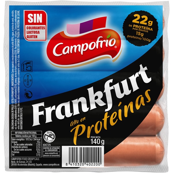 smoky chicken Frankfurt sausages high in protein 6 pieces container 140 g gluten-free, lactose-free