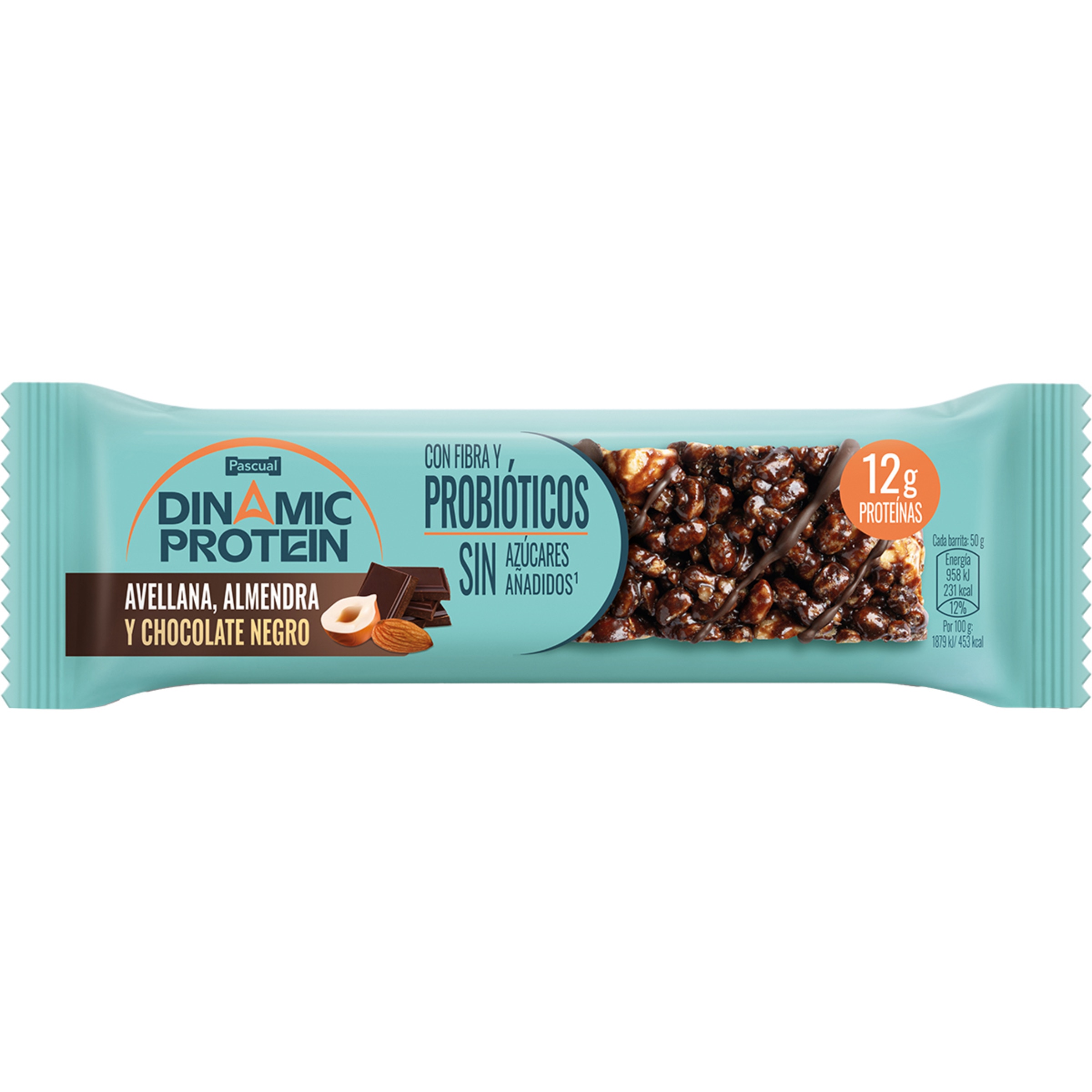barrita de proteínas de chocolate negro con frutos secos y probióticos sin azúcares añadidos