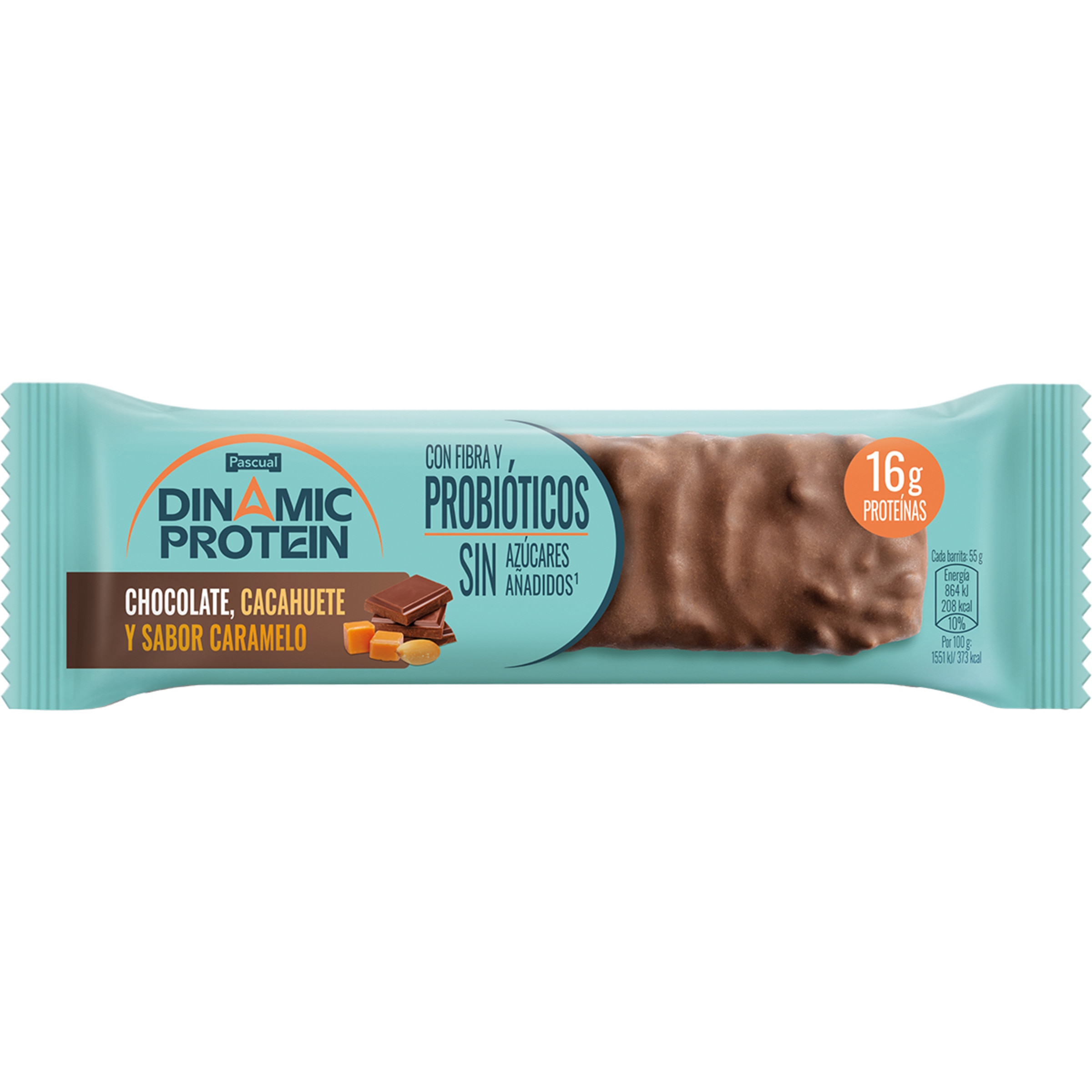 Barrita de proteínas de chocolate, cacahuete y sabor caramelo con probióticos sin azúcares añadidos