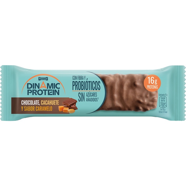 Chocolate, peanut and caramel flavour protein bar with probiotics each 55 g no added sugar