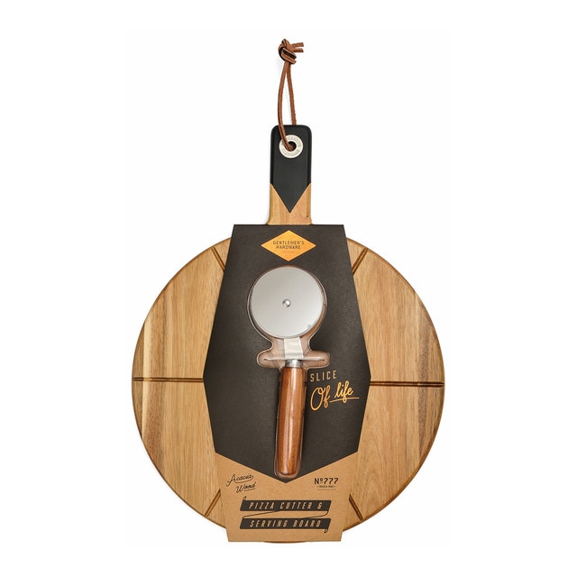 Tabla de pizza con cortador Gentlemen's Hardware tabla de madera y cortador de aluminio.