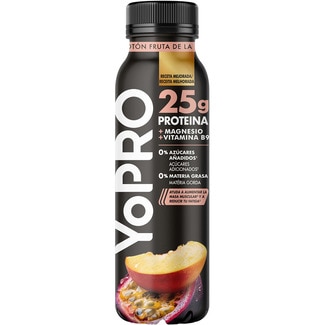 DANONE YOPRO proteínas liquido melocotón y fruta de la pasión + magnesio + vitamina B9 botella 300 g 0% azúcares añadidos 0% m.g.