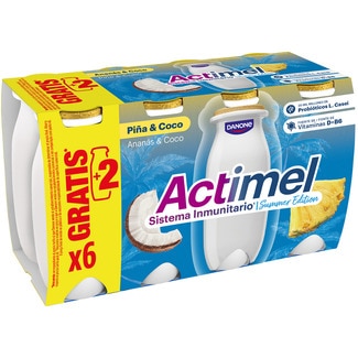 DANONE ACTIMEL L. Casei con piña y coco sin gluten pack 6 unidades 100 g + 2 gratis