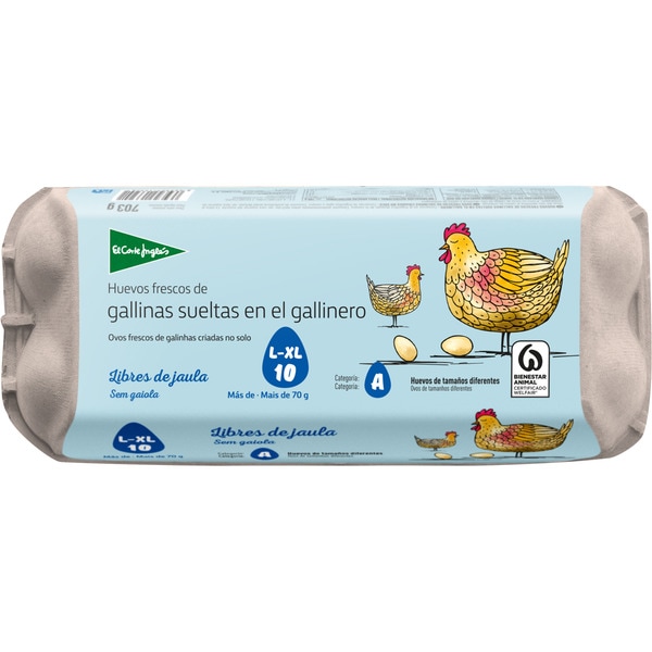 huevos de gallinas sueltas en gallinero libres de jaula categoría A clase L-XL estuche 10 unidades