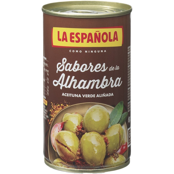 Green olives with seasoning, Sabores de la Alhambra tin 185 drained weight g