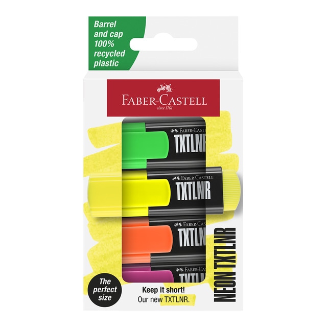 Estuche con 4 flúorescentes mini colores neón Faber-Castell.
