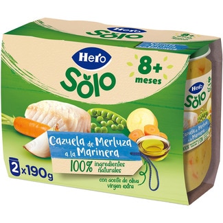 HERO BABY tarritos de cazuelita de merluza a la marinera con grumitos desde 8 meses pack 2 envases 190 g