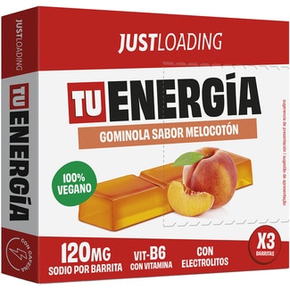 JUST LOADING Tú Energético gominola sabor melocotón vegana con vitamina B6 y electrolitos pack 3 estuche 90 g