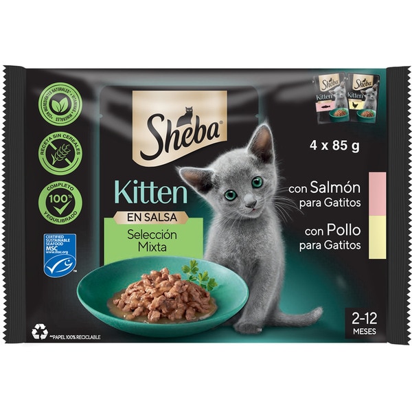 Feuchtfutter für kleine Katzen mit Lachs und Huhn 4 Behälter 85 g