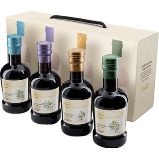 CLUB DEL GOURMET aceite de oliva virgen extra estuche de 4 variedades botella 250 ml con arbequina, hojiblanca, picual y picudo