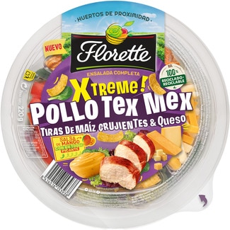 FLORETTE Ensalada Completa Xtreme pollo tex mex tiras de maíz crujientes y queso tarrina 220 g incluye salsa de mango con un toque picante
