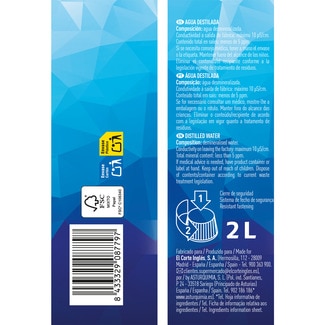 EL CORTE INGLES agua destilada normal botella 2 l
